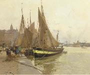 Eugene Galien-Laloue A bustling quayside oil painting